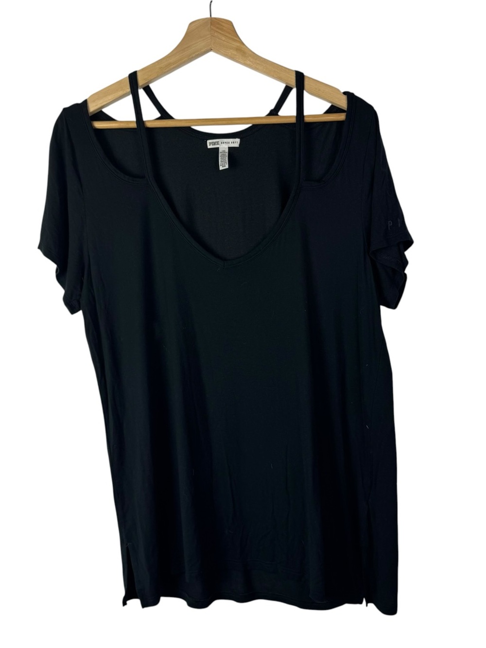 Victoria's Secret PINK Black V-Neck Strappy Short Sleeve T-Shirt L